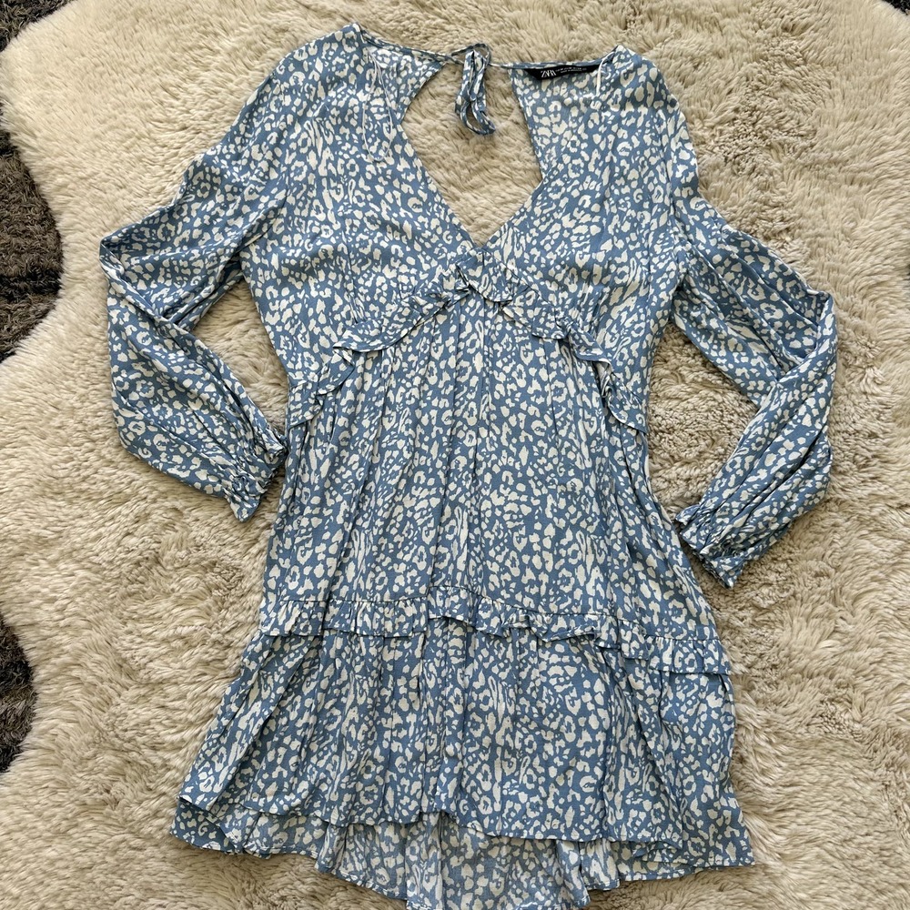 Zara Blue Floral Long Sleeve Ruffle Boho Dress with Keyhole Back and Tie Size M